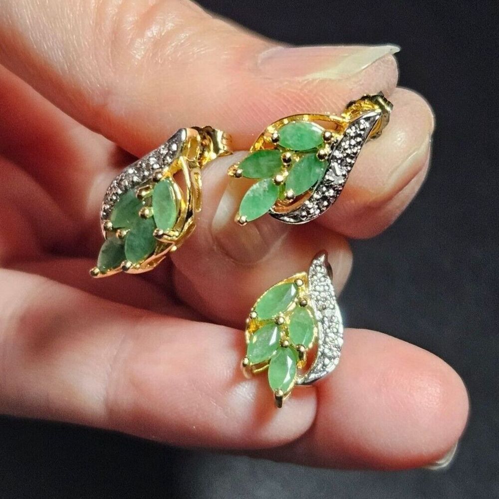 Gold vermeil emerald and diamond earring and pendant set